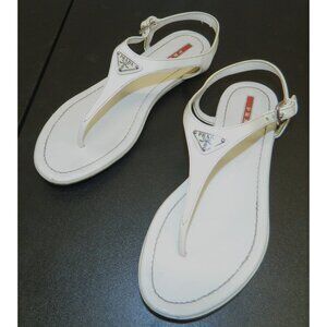 Prada Womens White Leather Thong Sandals 7.5 Adj Ankle Strap Logo Detail Size 38